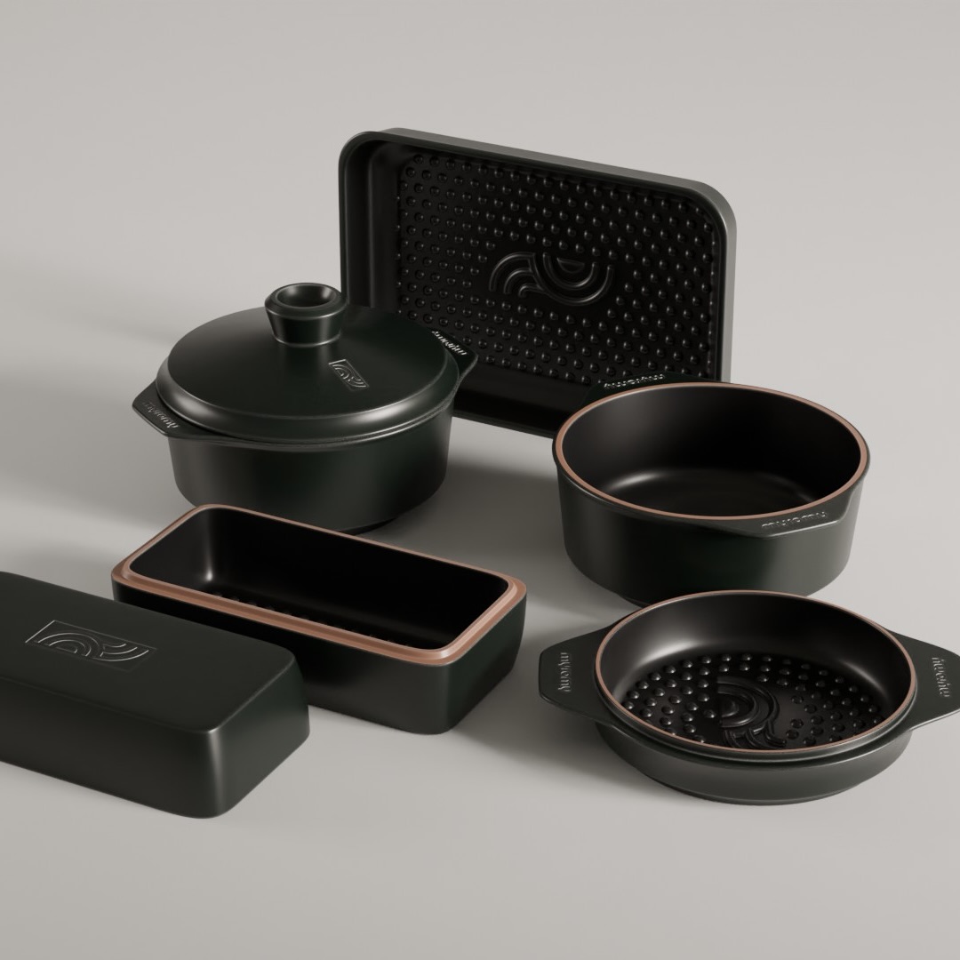 Set de cuisine vert foncé de my romy avec couvercle, plancha rectangulaire et plusieurs casseroles rondes et en céramique